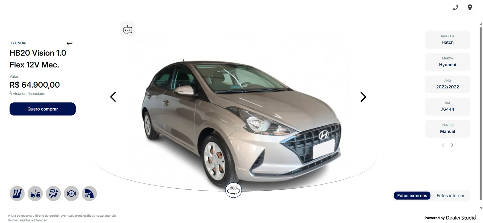 Showroom virtual da Dealer Studio: página de veículo de uma revenda com Hyundai HB20 Vision 1.0 2022, preço, ficha com modelo, ano, km e câmbio, fotos externas e internas e visão 360°